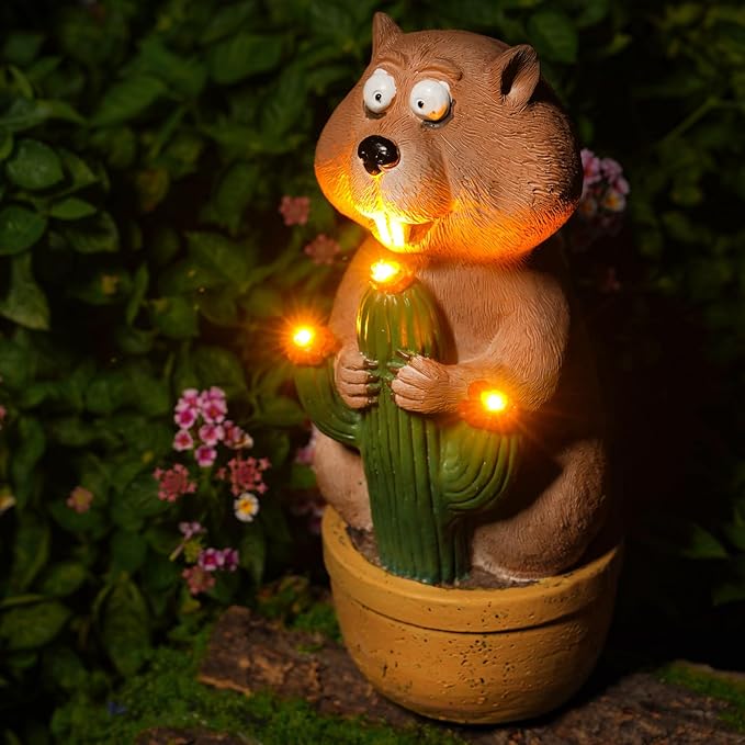 Solar Groundhog Garden Statue with LED Lights - Resin Cactus Planter Ornament for Outdoor Decor, Lawn, Patio, Yard, and Balcony, Unique Garden Gift for Women, Mom, and Grandma