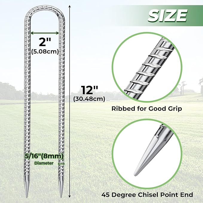 12 Inches U Stakes 8-Pack Heavy Duty Tramopline Wind Stakes for Inflatables, Metal Stake for Outdoor Decorations, Fence Stakes for Dogs Digging, Inflatables, Outdoor Decoration Anchors Silver