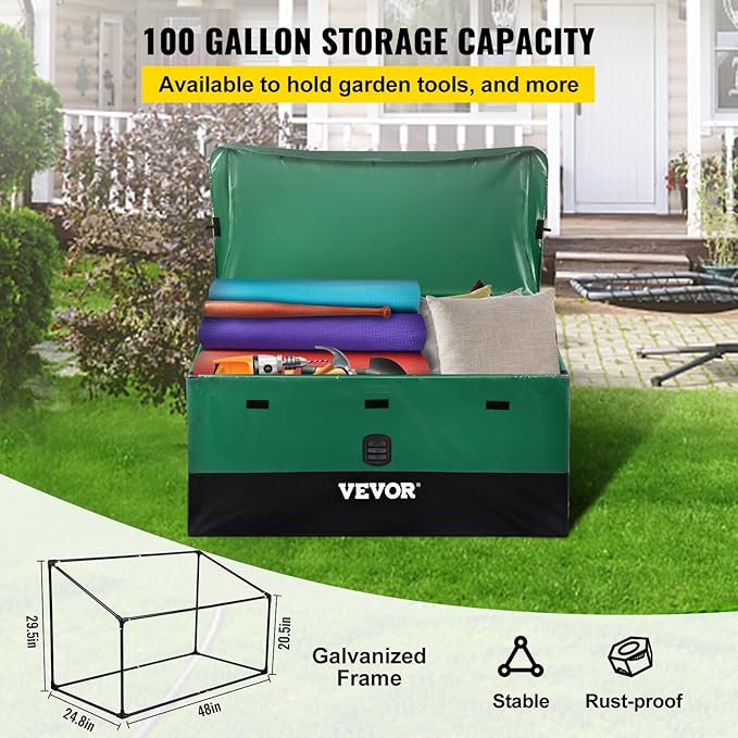 VEVOR Outdoor Storage Box, 100 Gallon Waterproof PE Tarpaulin Deck Box w/Galvanized Frame, All-Weather Protection & Portable, for Camping, Garden, Poolside, and Yard, Black & Green