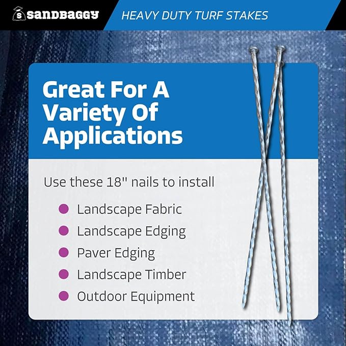 Sandbaggy 18" Heavy Duty Galvanized Artificial Turf Stakes - Spiral Landscape Nails - Ground Spikes/Pins, Synthetic Grass, Lawn, Edging, Weed Barrier Fabric (18 inch - Ultra Heavy Duty, 50, Count)