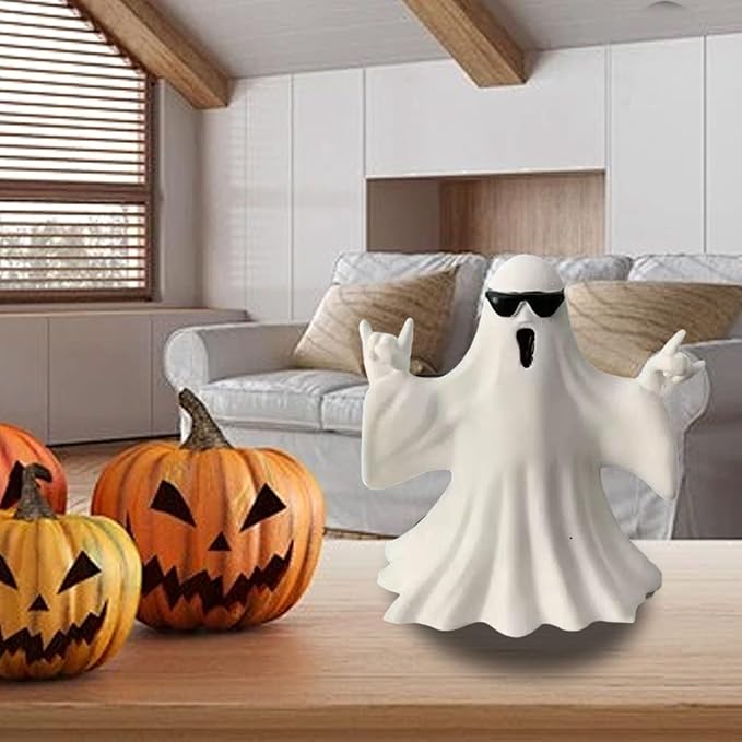 1 Pcs Halloween Ghost Figurine Cute Ghost Decor,with Sunglasses Design Funny Rock Spooky Resin Statue Cool Gestures Cute Sculpture for Halloween Tabletop Porch Party Decoration