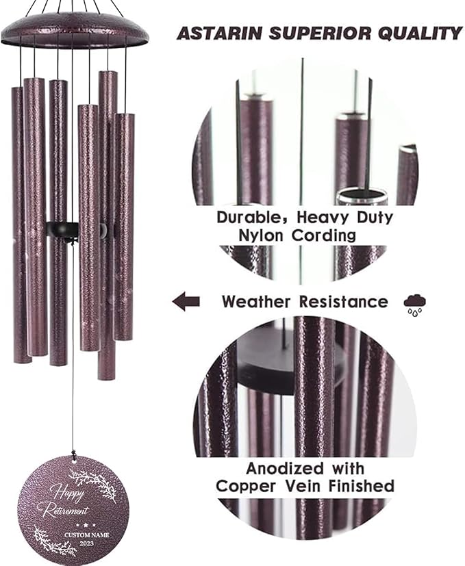 Personalized LifeTree Wind Chimes Deep Tone, Retirement Gifts for Woman/Man, Custom Congratulations Words for Retire, Outdoor Decorative Wind Chimes Metal (Produced in USA)