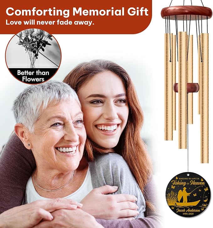 Personalized Gone Fishing Memorial Wind Chime – “Fishing in Heaven” Fisherman Wind Chimes– Custom Name & Dates – Outdoor Sympathy Gift for Men, Dad, or Grandpa – Memorial Garden Decor for Loss