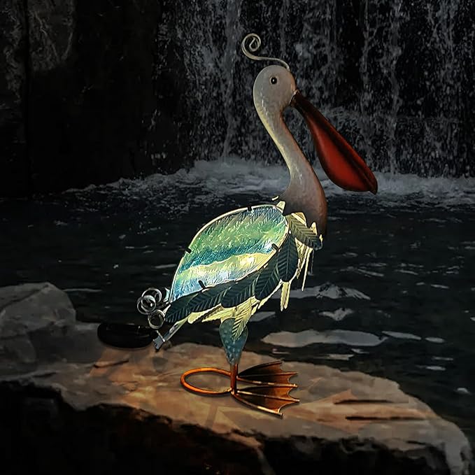 HONGLAND Solar Metal Pelican Statues Garden Sculpture & Statues, 19 Inch Glass Outdoor Pelican Yard Art Coastal Ocean Bird Decor Lawn Ornament for Backyard Porch Patio Decor（Blue）