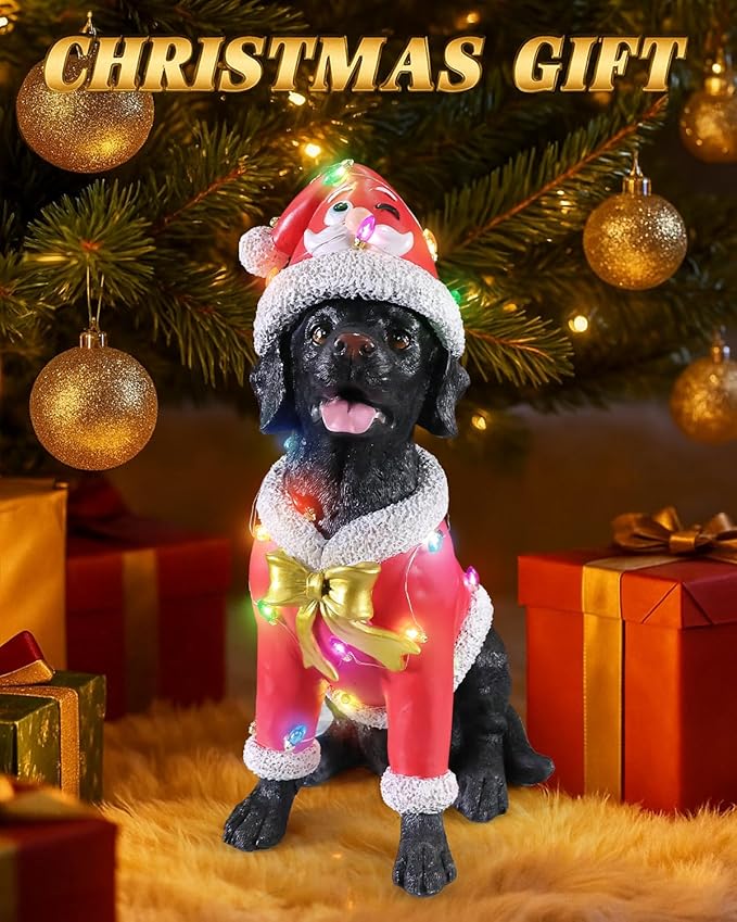 Christmas Outdoor Decoration Dog Statue, LED Light Cute Labrador Dog Sculpture with Pink Santa Outfit & Lights for Garden and Yard, Indoor Holiday Décor Gift for mom and dad