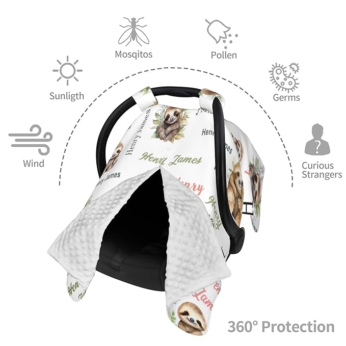 Personalized Winter Baby Car Seat Cover with Name Sloth Winter Car Seat Cover for Baby Seat or Stroller Custom Infant Car Seat Covers Minky Blankets Nursing Cover Breastfeeding Scarf