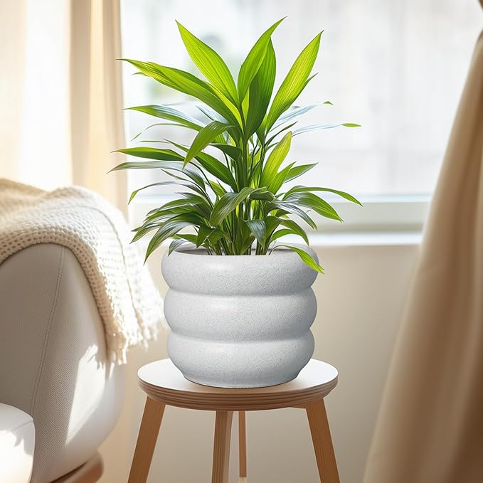SQOWL Ceramic Planter for Indoor Plants - 8 Inch Plant Pot with Drainage Hole Outdoor Flower Pot Modern Round Planter Medium Plant Pot for Garden Office Decor White