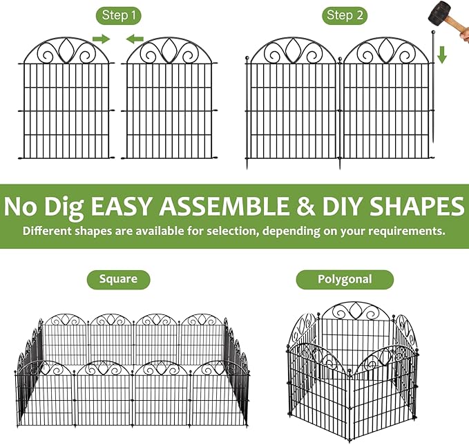10 Panels No Dig Decorative Garden Fence with Gate – 28" H X 19.6' L Rustproof Metal Dog Fence Outdoor for Yard, Animal Barrier Fence for Pet, Garden Border, Patio, Flower | Temporary Fencing