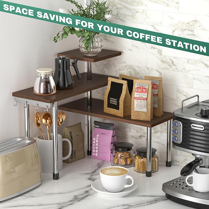 ZHWS Bathroom Counter Organizer for MakeUps, Dresser Table, Kitchen Countertop Organizer Adjustable 3 Tier Corner Shelf with 4 Metal Hooks for Coffee Bar, Spice Rack, Over Sink