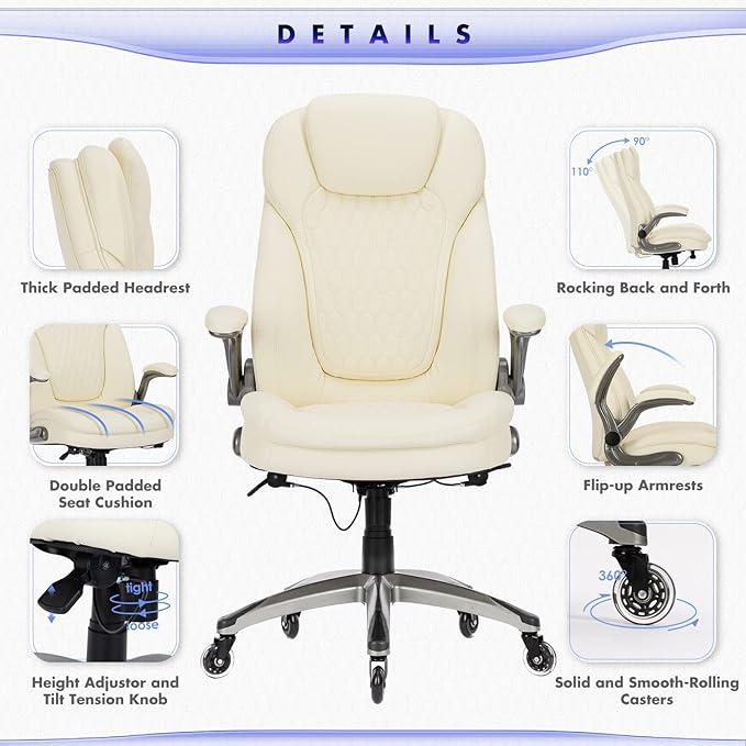 Executive Office Chair-Ergonomic Computer Desk Chair with Upgraded Caster for Swivel, High Back Office Chair with Padded Flip-up Arms, Stylish Leather Chair Thicken Seat for Comfort (Ivory, 300lbs)