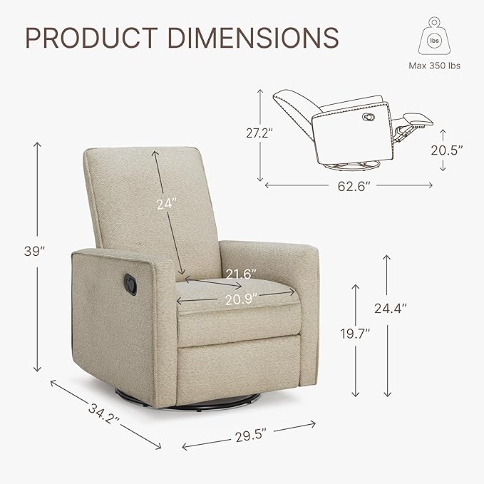 Upholstered Recliner Swivel Glider Nursery Chair Reclining Performance Fabric Rocker with Metal Base,Basketweave,Oat