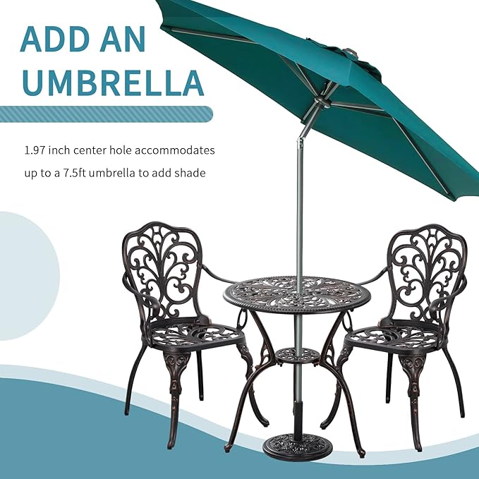 Outdoor Bistro Table and Chairs Set of 2 Cast Aluminum Patio Bistro Set with Umbrella Hole, All Weather Bistro Table Set for Garden, Suitable for All People, Bronze
