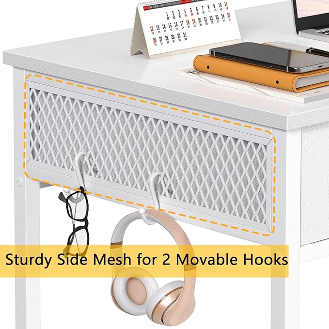 Furologee White Small Computer Desk with 3 Fabric Drawers,40 Inch Simple Table Home Office Writing,Vanity Desk with Hooks, Study Desk for Bedroom Small Spaces
