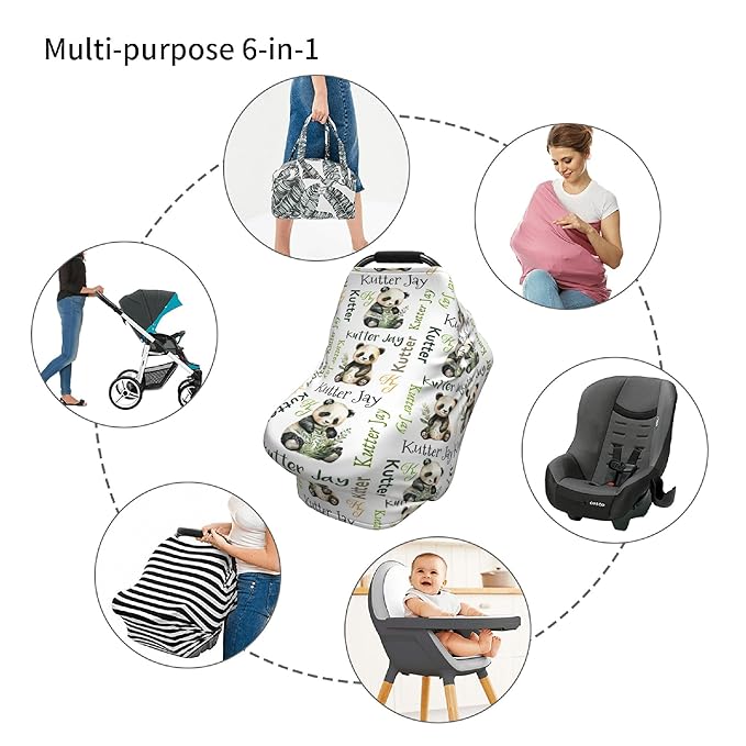 Personalized Panda Baby Car Seat Cover with Name,Multi-Use Canopy for Nursing, Strollers,Shopping Carts,Customized Breastfeeding Cover, Full Privacy,Infant Stroller Cover