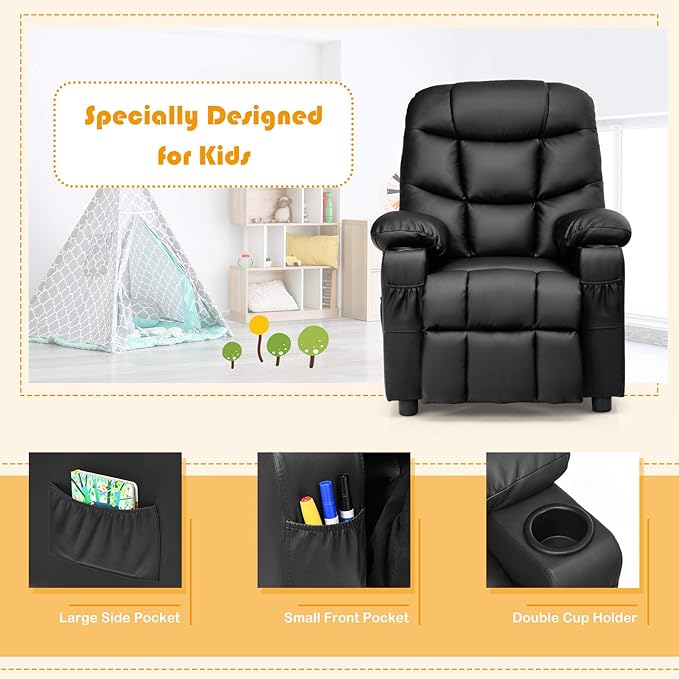 Costzon Kids Recliner Chair with Cup Holder, Adjustable Leather Lounge Chair w/Footrest & Side Pockets for Children Boys Girls Room, Ergonomic Toddler Furniture Sofa, Kids Recliner (Black)