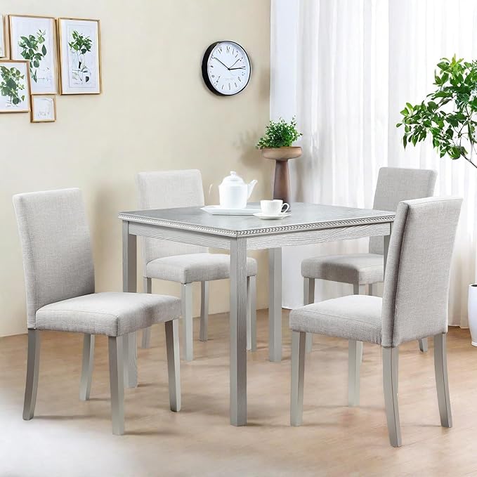 Dining Table Set for 4, 5-Piece Dining Room Table Set with Square Crystal Decoration Table & 4 Upholstered Backrest Chairs, Counter Height Kitchen Sets with Faux Wood Grain Design, Silver Gray