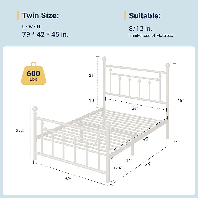 Allewie 14 Inch Twin Size Metal Platform Bed Frame with Victorian Vintage Headboard and Footboard/Mattress Foundation/Under Bed Storage/No Box Spring Needed/Easy Assembly/Noise Free/White