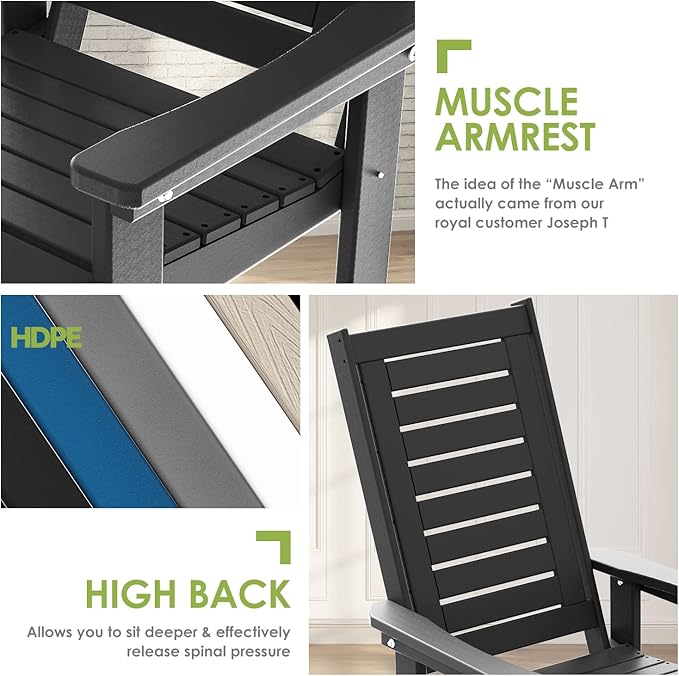 GREENVINES Outdoor Rocking Chairs | Set of 2 | Porch Rocker | HDPE Plastic | Black | Oversized Rockers | High Back | Big & Tall | Ladder Back | for Patio Outside Backyard Balcony
