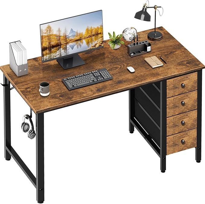 Lufeiya 40 inch Computer Desk with 4 Fabric Drawers, Kids Student Reversible Small Desks for Home Office Small Space, Work PC Desk Table for Bedroom, Rustic Brown