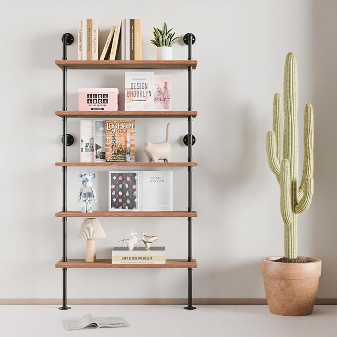 5 Tier Industrial Ladder Shelf Bookcase, Wall Mounted Wood Metal Pipe Rustic Bookshelf for Living Room (Weathered Brown, 10" D x 36" W x 70" H)