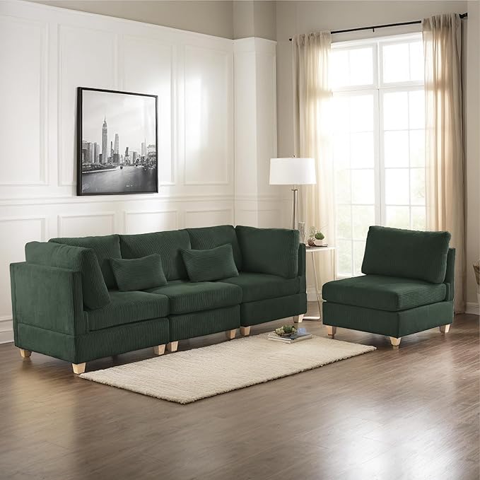 126" Convertible L-Shaped Modular Sectional Sofa, 4 Seater Corduroy Upholstered Corner Sofa Couch with Extra Wide Deep Seat, DIY Combination Lounger Sofa with Solid Wood Legs for Living Room Office