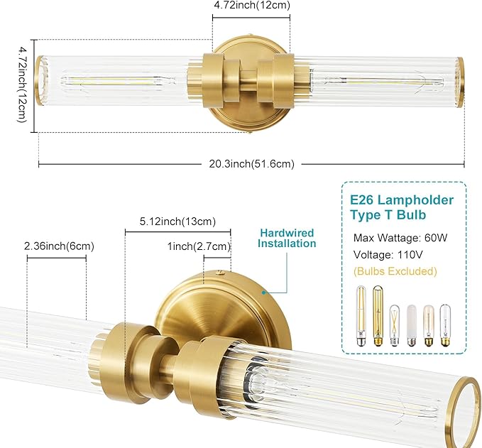 Bathroom Light Fixtures, Gold Wall Sconce in Threaded Glass Indoor Vanity Lights, Modern Bathroom Vanity Light Up and Down Sconces Wall Lighting for Bathroom, Living Room - Bulb Not Included