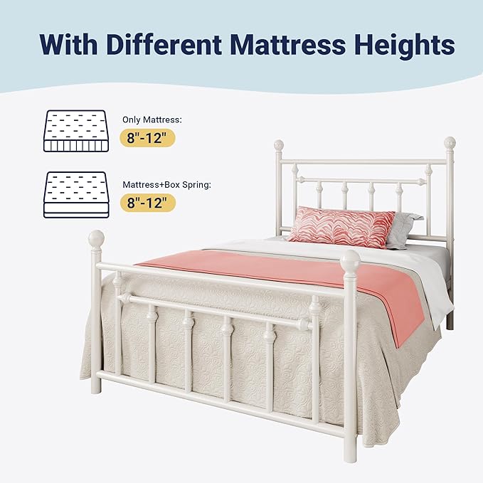 Allewie 14 Inch Twin Size Metal Platform Bed Frame with Victorian Vintage Headboard and Footboard/Mattress Foundation/Under Bed Storage/No Box Spring Needed/Easy Assembly/Noise Free/White