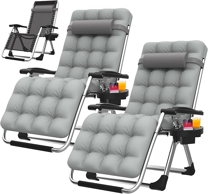Suteck Zero Gravity Chair Set of 2, Reclining Camping Lounge Chair w/Removable Cushion, Upgraded Lock and Cup Holder, Reclining Patio Chairs Folding Recliner for Indoor and Outdoor