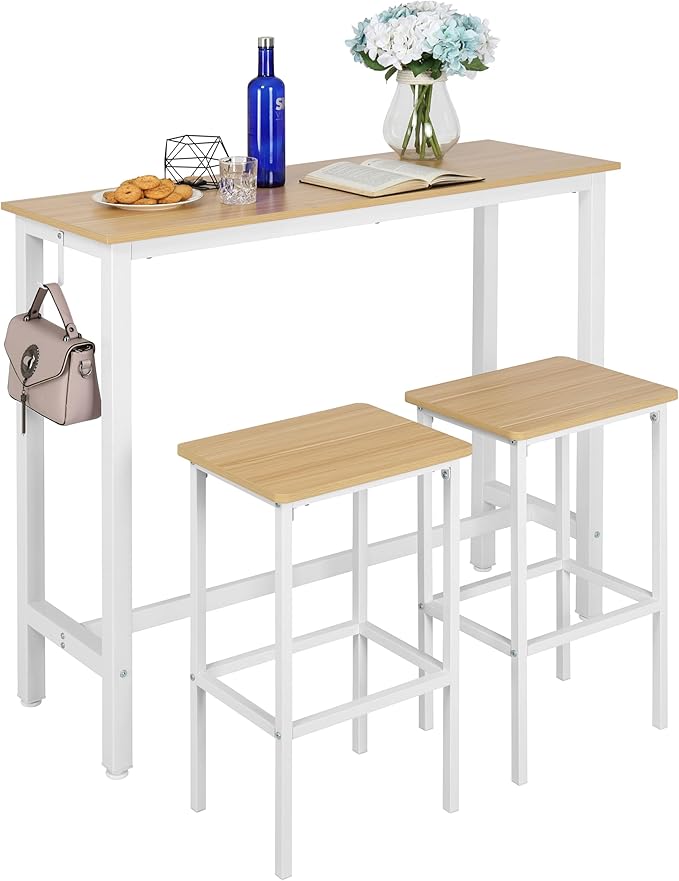 Finnhomy 47" Industrial Bar Table Set with 2 Stools - Counter Height Dining & Pub Table for Small Spaces, Kitchen, Apartment, Breakfast - Metal & Wood, Space-Saving Furniture - Oak Beige and White