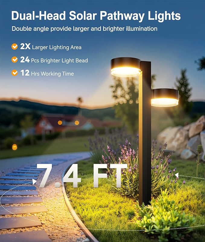 Brighter Solar Pathway Lights Outdoor, 2 Pack Dual-Head Solar Lights Outdoor Waterproof with 4 Head & 24 LED, Solar Powered Garden Light for Yard Path Walkway Driveway Sidewalk