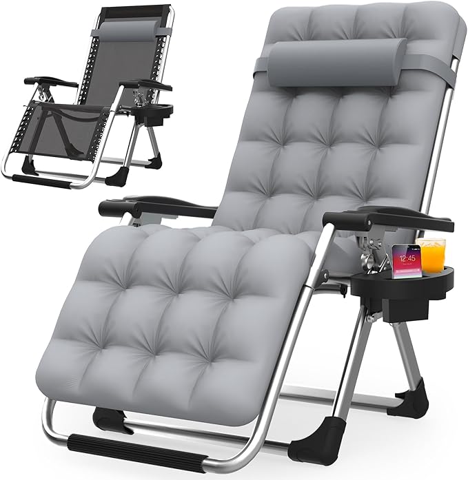 Suteck Zero Gravity Chair, Reclining Camping Lounge Chair w/Removable Cushion, Upgraded Lock and Cup Holder, Reclining Patio Chairs Folding Recliner for Indoor and Outdoor