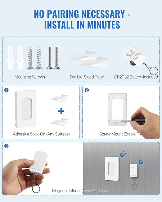 Remote Control Outlet, WILAWELS Wireless Light Switch with Magnetic Base, On Off Remote Outlet Switch for Lights, Lamps, 100ft RF Range, 15A/1875W, Pre-Programmed, 1 Remote for 3 Plugs W09RC1306
