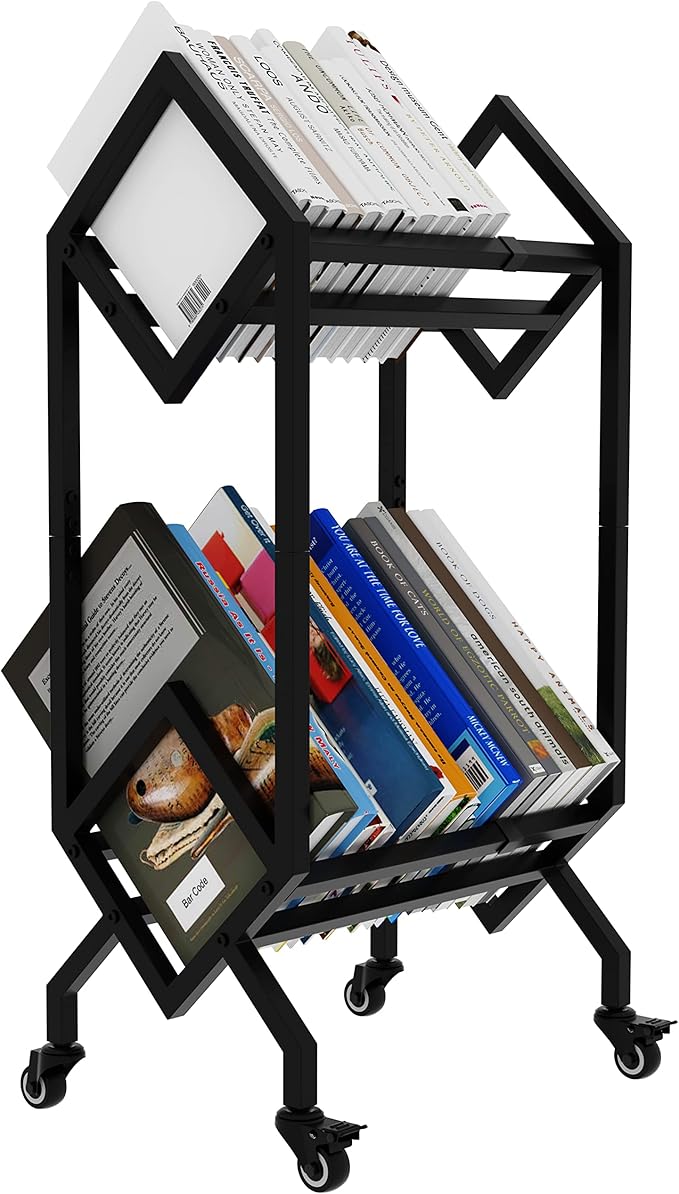 VEDECASA Bookshelf Book Rack Industrial Metal Bookcase 2 Tier Holder with Wheels Modern Stylish Design Magazines Files Album Recipe Book Storage Organizer for Sofa End Bed Beside