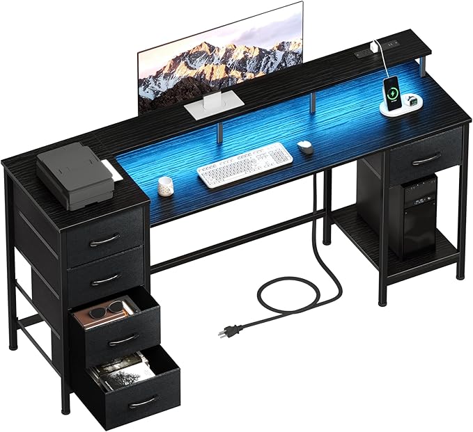 55 Inch Computer Gaming Desk with Power Outlets LED Lights, Reversible Home Office Desk with Adjustable Fabric Drawers for Working Writing Study, Black Oak