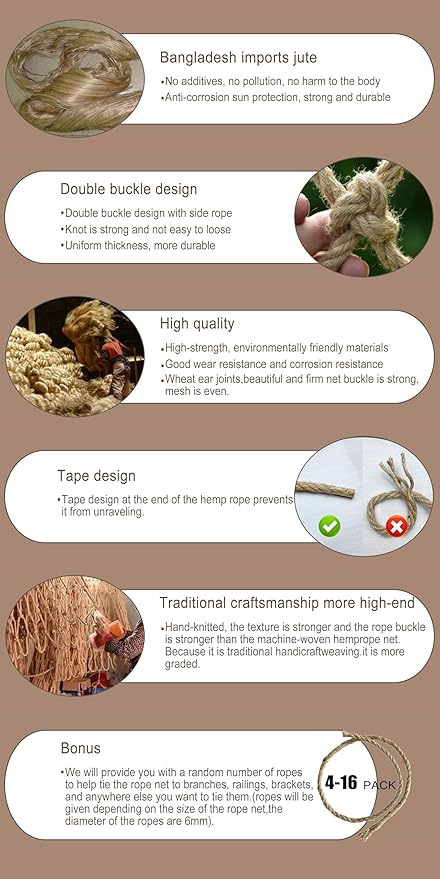 Safety Hemp Rope Net Kids Climbing Tree House Children Netting Balcony Stairs Fence Railing Garden Playground Protection Heavy Duty Indoor & Outdoor Decor Rope Net 8mm/8cm 6.6x6.6ft(2x2m)