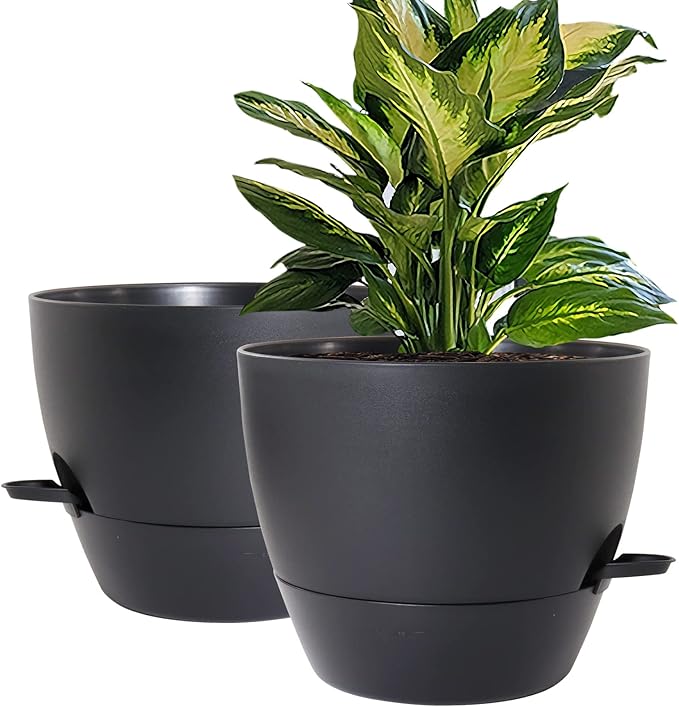 WOUSIWER 10 inch Self Watering Planters, 2 Pack Large Plastic Plant Pots with Deep Reservior and High Drainage Holes for Indoor Outdoor Plants and Flowers, Black