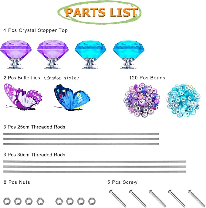 145 PCS Beaded Garden Stakes Kit, DIY Fairy Wand Garden Stake Beads Kits with Assortment Large Hole Beads 4 Crystal Stopper Top 2 Butterfly Tops and Threaded Rods for Outdoor Indoor Decor