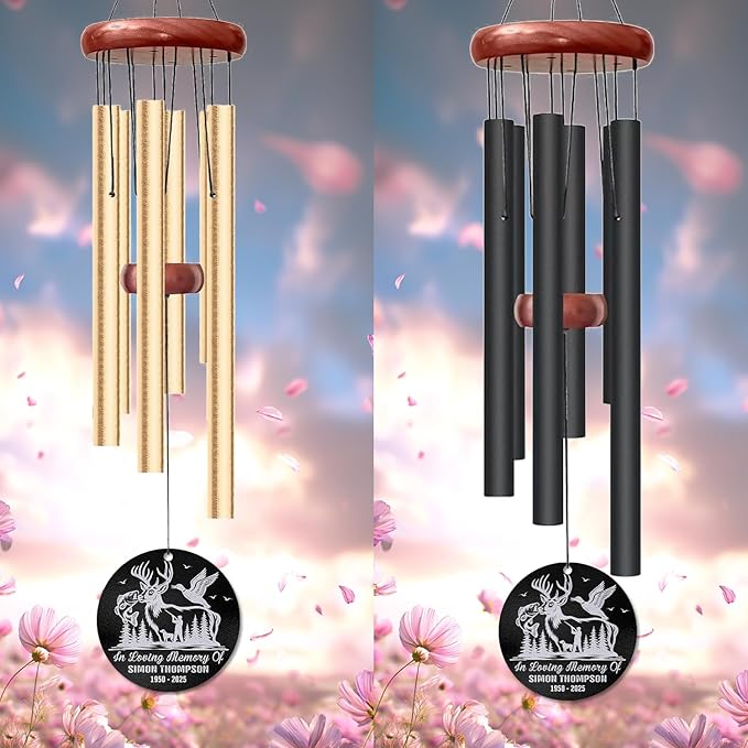 Personalized Hunter & Fisherman Memorial Wind Chime – Custom Wildlife Engraved “in Loving Memory” Outdoor Sympathy Gift – Remembrance Gift for Loss of Loved One – Rustic Windchime Tribute