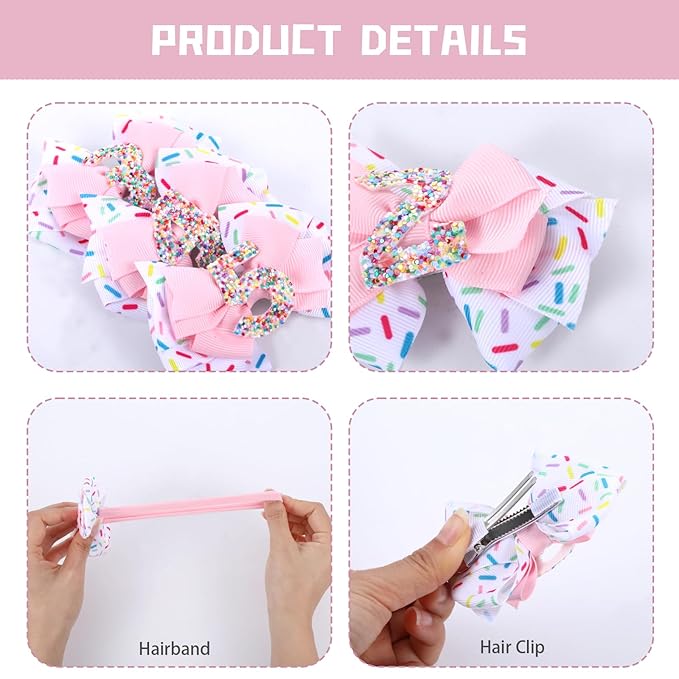 2pcs Birthday Hair Bow for Baby Girls, Sprinkle Confetti 6th Birthday Decorations for Girls, Ice Cream Party Theme Bow Clips for Baby Girls Pink Hair, Happy 6th Birthday Girl Hair Bow Clips