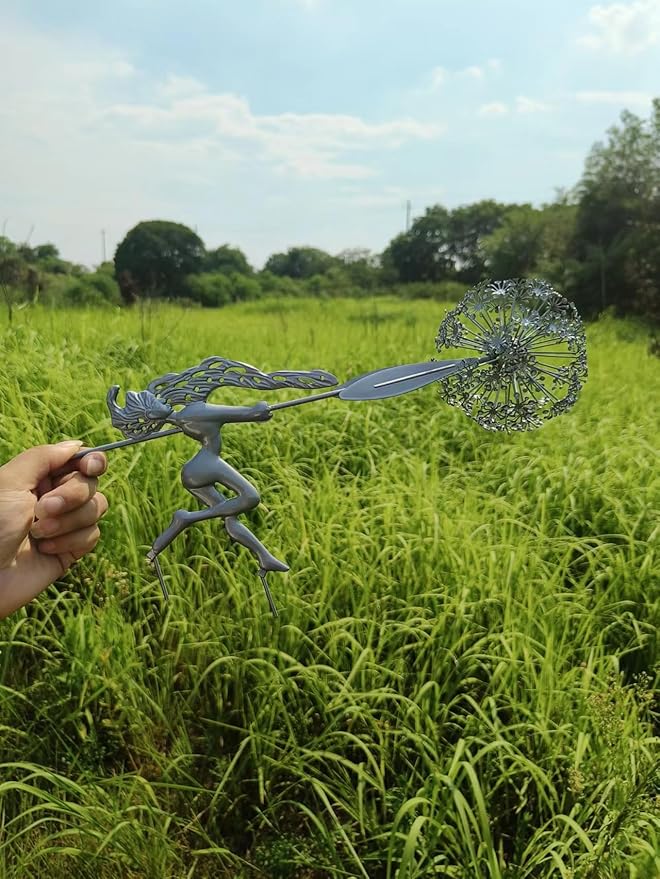 Flower Fairy Dancing with Dandelion Garden Art Sculpture Stainless Steel Statue Christmas Halloween Decoration for Outdoor Yard Courtyard Lawn Patio Metal Ornaments (Wave)