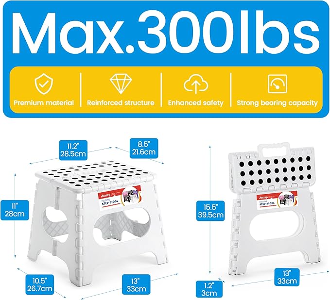 ACSTEP Folding Step Stool for Adults and Kids 11 Height Lightweight Plastic Stepping Stool Foldable Step Stool Hold up to 300lbs Non Slip Collapsible Stool White