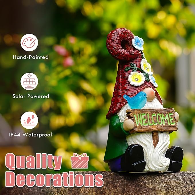 Solar Gnome with Wlecome Decor for Yard Decorations - 10 Inch Gnome Statue Decor for Outdoor,Perfect Garden Gifts for Women,Mom