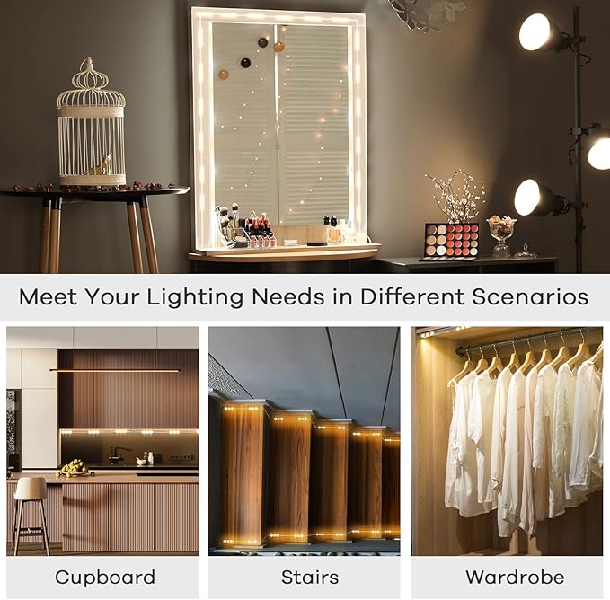 Consciot LED Vanity Lights for Mirror, Hollywood Style Strip, Adjustable Color & Brightness, USB Cable, Dimmable Makeup Stick on Table Dressing Room, White