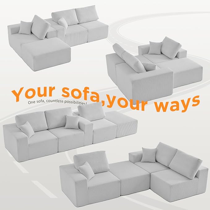INGEROOM 108" Cloud Sectional Couch, Modular Sectional Sofa with L-Shaped Chaise, Modern Plush Corduroy Couch for Living Room Bedroom, No Assembly Required, Deep Seat（Gray）