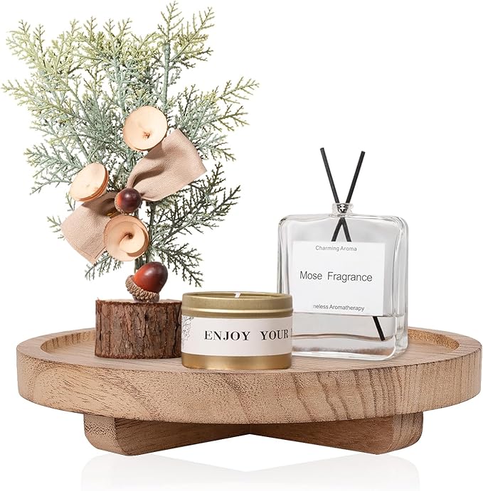 Round Decorative Tray Wood Bathroom Counter Organizer Farmhouse Kitchen Decor Wooden Riser for Soap Dish, Perfume, Candle, Sponge, 8" - Brown