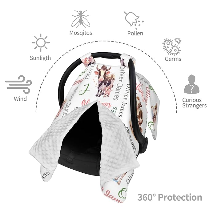 Custom Baby Car Seat Canopy Personalized Car Seat Covers with Name for Baby Boys Girls Customized Cow Nursing Breastfeeding Cover Infant Carseat Canopies Newborn Minky Baby Blanket