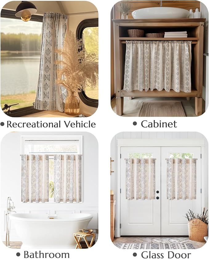 jinchan Boho Kitchen Curtains Linen Cafe Tier Curtains 45 Inch Bohemian Geometric Striped Mudcloth Small Window Drapes for Living Room Bathroom Cabinet Light Filtering Back Tab 2 Panels Black on Flax