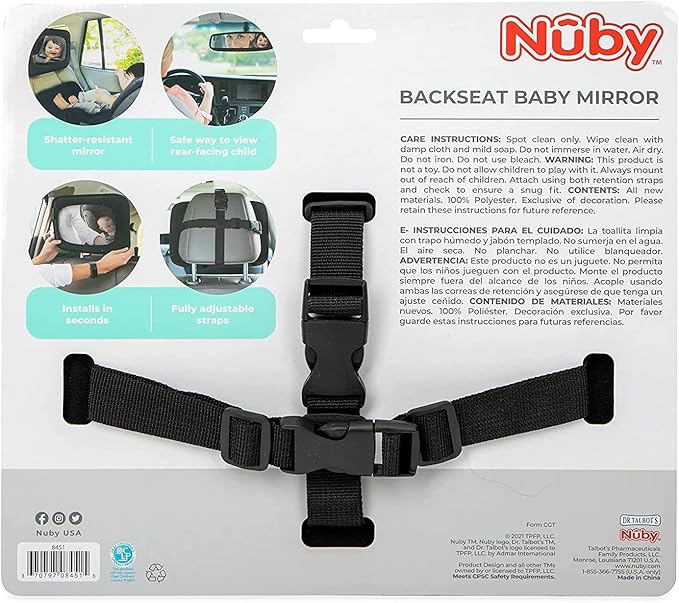 Nuby Car Mirror for Baby - Back Seat Baby Mirror with Fully Adjustable Straps, Shatterproof, Installed in Seconds, Black