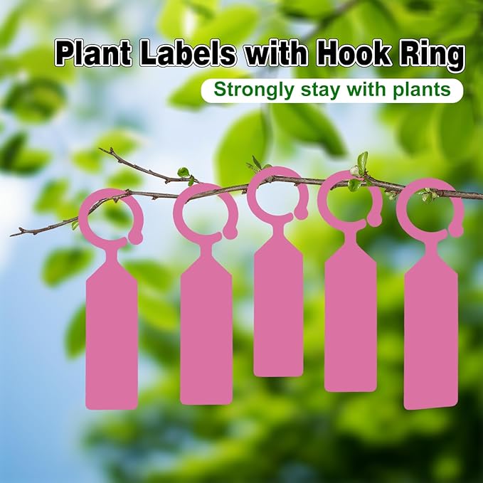 Plant Labels Yuanling 100Pcs Plastic Waterproof Plant Tree Tags Nursery Garden Markers for Indoor Outdoor Gardening Plants Vegetables Flowers Potted (Pink Color with 1 Marker Pen)