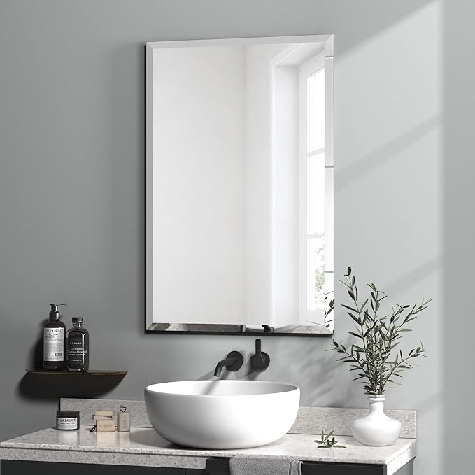 KOHROS Rectangular Wall Mirror Frameless Bathroom Mirror 18” x 24" Beveled Edge Mirror for Vanity and Entryway Hang Horizontally or Vertical